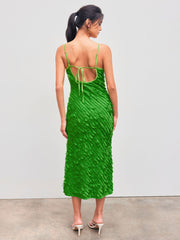 Lace V-neck Solid Lettuce Trim Maxi Dress