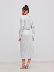 Sequin Polo Button Long Sleeve Maxi Dress