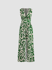 Woven V-neck Abstract Sleeveless Wide Leg Jumpsuit
