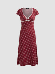 Knit V-neck Polka Dot Bowknot Midi Dress