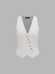Linen-blend V-neck Solid Button Jacket Vest