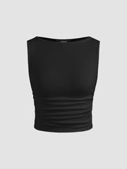 Boat Neck Ruched Solid Crop Tank Top