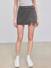 Denim Low Rise Solid Split Belted Mini Skirt