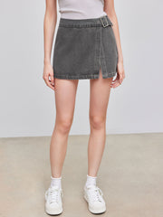 Denim Low Rise Solid Split Belted Mini Skirt