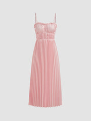 Satin Square Neck Solid Pleated Maxi Dress