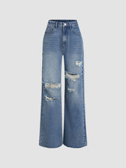 Petite High Waist Ripped Straight Leg Jeans