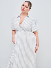 Woven V-neck Striped Pocket Midi Shirt Dress Curve & Plus
