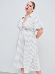 Woven V-neck Striped Pocket Midi Shirt Dress Curve & Plus