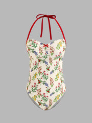 Shaping Halter Floral Bowknot Ruched One Piece Swimsuit