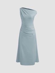Asymmetrical Neck Solid Ruched Maxi Dress