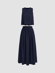 Woven Round Neck Solid Crop Tank Top & Mid Rise Ruffle Maxi Skirt