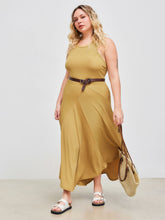 Round Neckline Solid Asymmetrical Ruffle Sleeveless Maxi Dress Curve & Plus