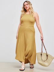 Round Neckline Solid Asymmetrical Ruffle Sleeveless Maxi Dress Curve & Plus