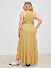 Round Neckline Solid Asymmetrical Ruffle Sleeveless Maxi Dress Curve & Plus
