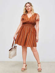 100% Cotton V-neck Boho Tassel Drawstring Shirred Mini Dress Curve & Plus