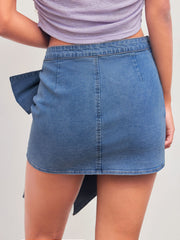 High Stretch Denim Low Rise Solid Bowknot Mini Skirt