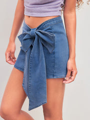 High Stretch Denim Low Rise Solid Bowknot Mini Skirt