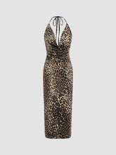 Cowl Neck Leopard Knotted Halter Backless Maxi Dress
