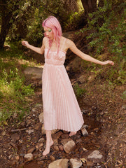 Satin Square Neck Solid Pleated Maxi Dress