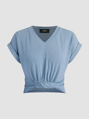 V-neck Solid Ruched Crop Top