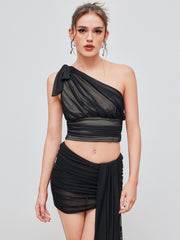 Mesh Asymmetrical Neck Crop Top