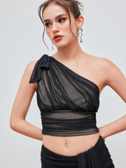 Mesh Asymmetrical Neck Crop Top