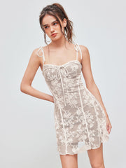 Lace Square Neck Floral Embroidery Knotted Mini Dress