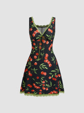 V-neck Strawberry Graphic Contrasting Binding Knotted Mini Dress