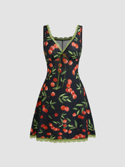 V-neck Strawberry Graphic Contrasting Binding Knotted Mini Dress