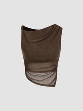 Mesh Asymmetrical Neck Solid Glitter Ruched Tank Top