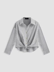 Cotton-blend Collar Striped Knotted Roll-up Long Sleeve Shirt & Solid Sleeveless Wide Leg Jumpsuit