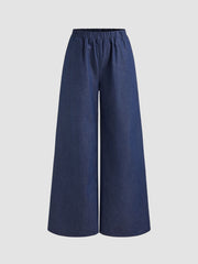 Denim High Rise Solid Pocket Wide Leg Trousers