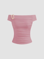 Off-shoulder Solid Ruched Buckle Short Sleeve Top