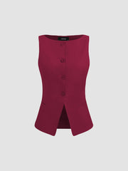Boat Neck Solid Button Vest & Mid Rise Solid Pocket Straight Leg Trousers