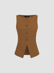 Woven Boat Neck Solid Button Vest