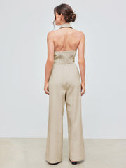 Linen-blend Halter Solid Knotted Shirred Jumpsuit