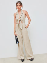 Linen-blend Halter Solid Knotted Shirred Jumpsuit