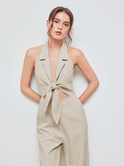 Linen-blend Halter Solid Knotted Shirred Jumpsuit