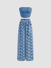 Strapless Solid Ruched Crop Top & Mid Rise Floral Knotted Wide Leg Trousers