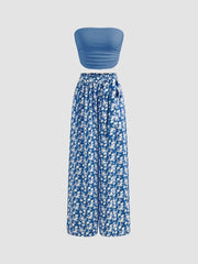 Strapless Solid Ruched Crop Top & Mid Rise Floral Knotted Wide Leg Trousers