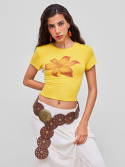 Round Neckline Floral Crop Short Sleeve Tee