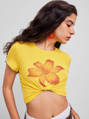 Round Neckline Floral Crop Short Sleeve Tee