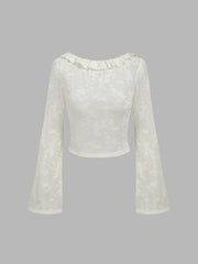 Jacquard Boat Neck Solid Lettuce Trim See-through Crop Top