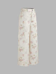 100% Cotton Mid Rise Floral Cargo Wide Leg Pants