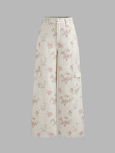 100% Cotton Mid Rise Floral Cargo Wide Leg Pants