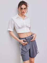 Satin Collar Solid Crop Short Sleeve Shirt