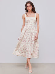 Square Neck Floral Corset Lace Up Midi Dress