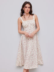 Square Neck Floral Corset Lace Up Midi Dress
