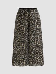 Woven Mid Rise Elastic Waist Leopard Pocket Wide Leg Trousers Curve & Plus