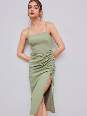 Cotton-blend Square Neck Solid Ruched Drawstring Midi Dress